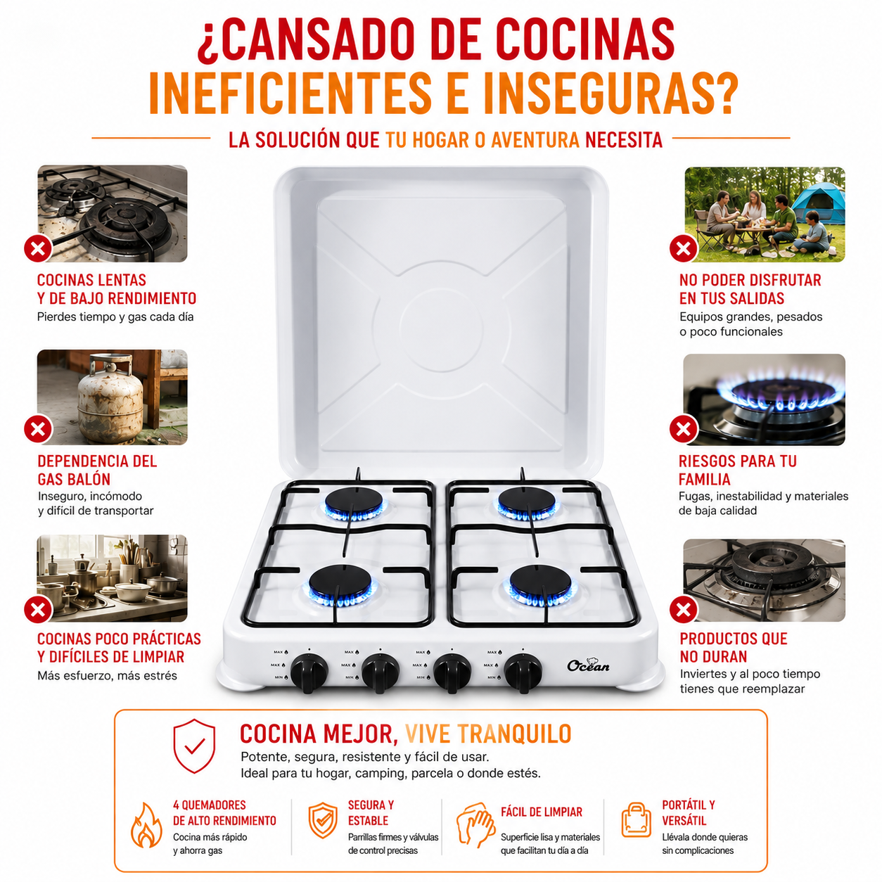 UltraFlame™ Cocina de Gas 4 Platos con Cubierta