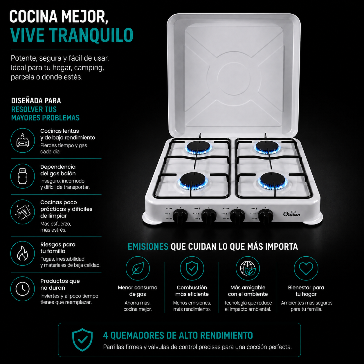UltraFlame™ Cocina de Gas 4 Platos con Cubierta